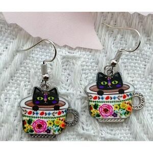 Black Cats in Coffee Tea Cups Silvertone Fashion Earrings NEW